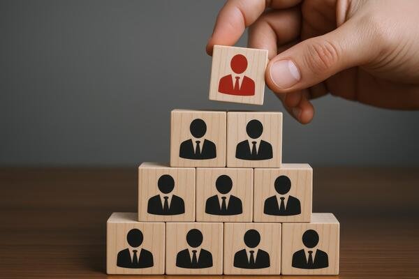 building team hierarchy with wooden blocks leadership organization and human resources concept photo